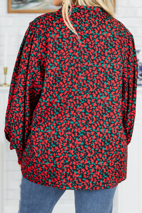 Chic Soul plus size clothing, long-puffed-sleeve red/black collared top with smocked wrists and floral pattern