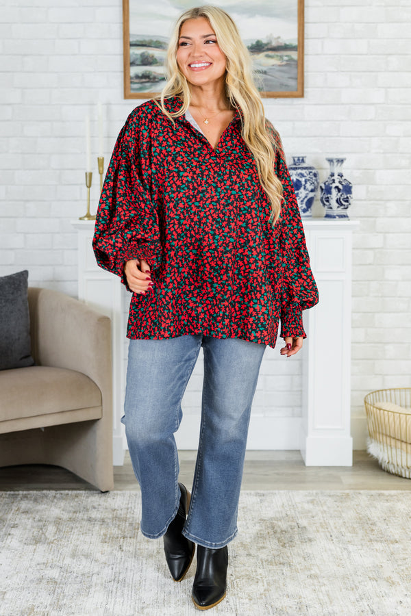Chic Soul plus size clothing, long-puffed-sleeve red/black collared top with smocked wrists and floral pattern