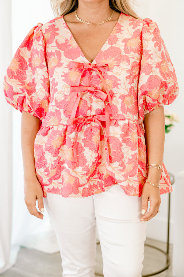 Chic Soul plus size clothing, salmon pink floral bubble sleeve babydoll top with three pink bows on the front