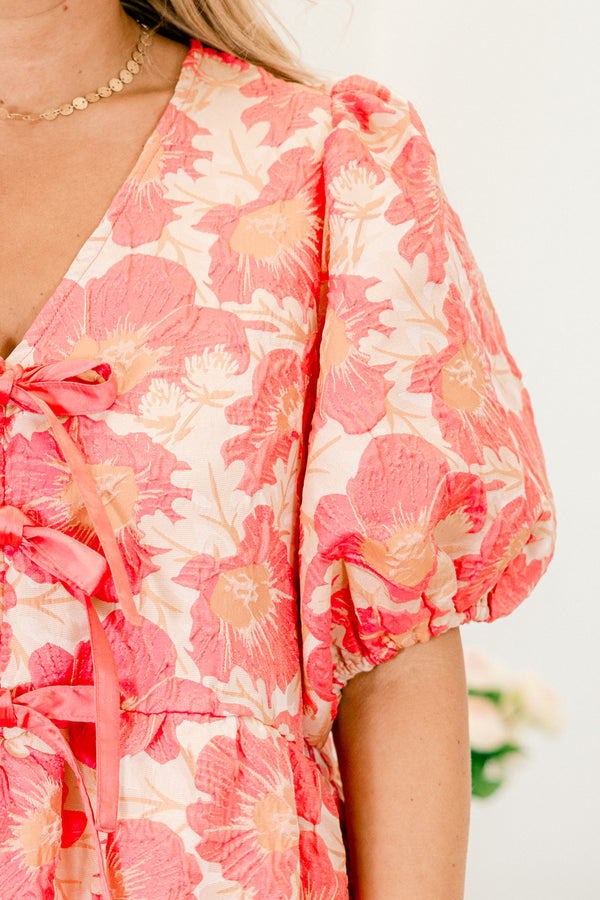 Chic Soul plus size clothing, salmon pink floral bubble sleeve babydoll top with three pink bows on the front