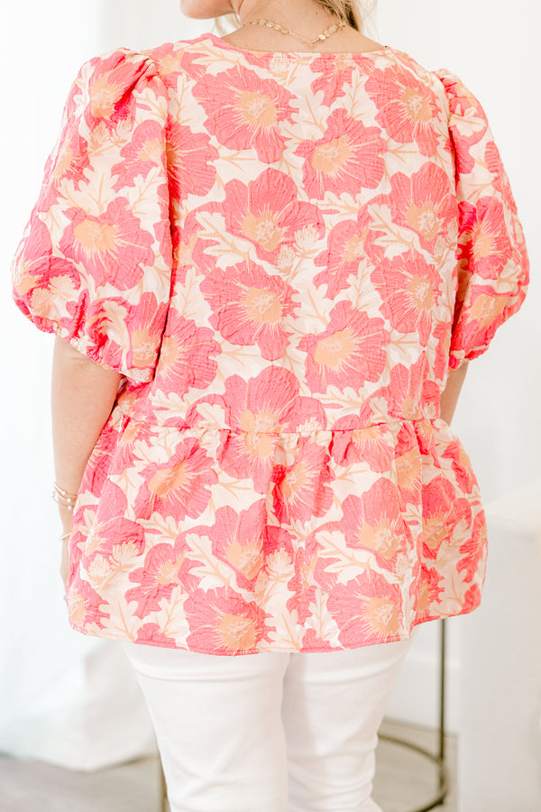 Chic Soul plus size clothing, salmon pink floral bubble sleeve babydoll top with three pink bows on the front
