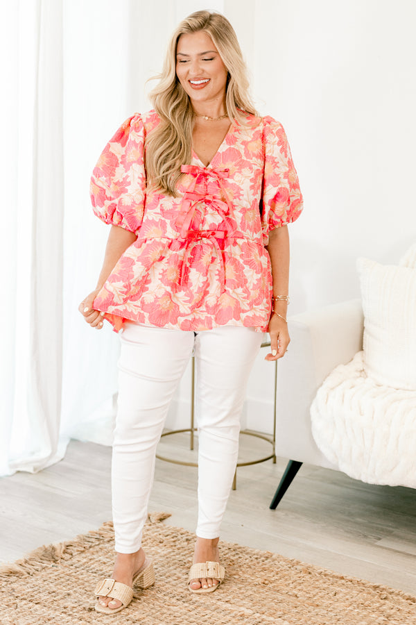 Chic Soul plus size clothing, salmon pink floral bubble sleeve babydoll top with three pink bows on the front