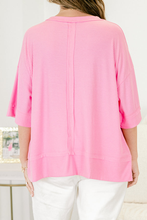 Chic Soul Plus size clothing, pink casual top with half sleeves and a ribbed texture 
