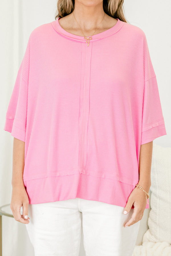 Chic Soul Plus size clothing, pink casual top with half sleeves and a ribbed texture 
