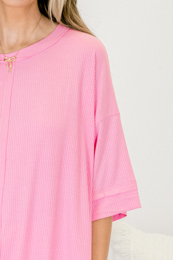 Chic Soul Plus size clothing, pink casual top with half sleeves and a ribbed texture 
