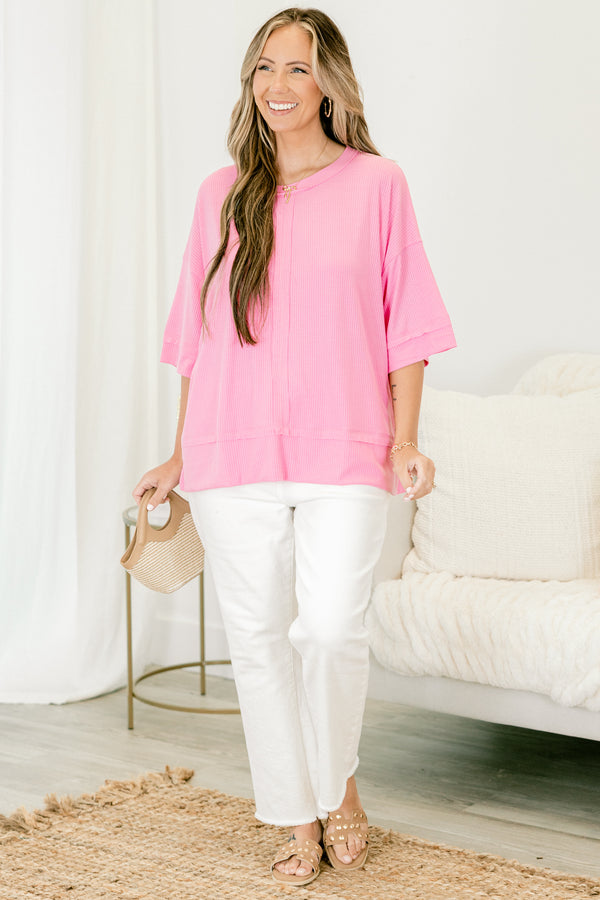 Chic Soul Plus size clothing, pink casual top with half sleeves and a ribbed texture 
