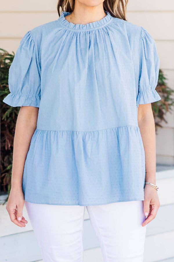Chic Soul plus size clothing, blue short sleeve top with puff sleeves