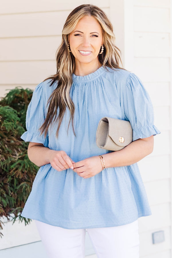 Chic Soul plus size clothing, blue short sleeve top with puff sleeves 