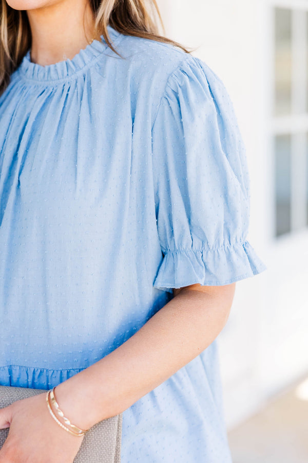 Chic Soul plus size clothing, blue short sleeve top with puff sleeves