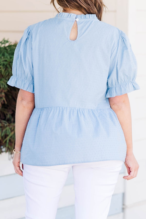 Chic Soul plus size clothing, blue short sleeve top with puff sleeves