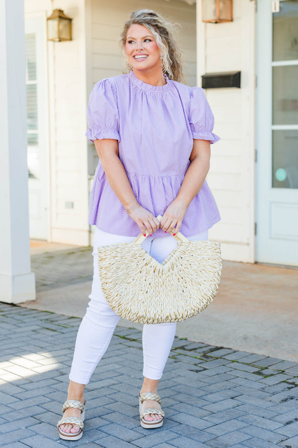 Chic Soul plus size clothing, purple high neckline and swiss dot pattern style top with puff sleeves