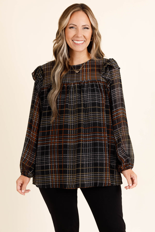 Chic Soul plus size clothing, black long sleeve top with fall colored pattern and ruffles at the shoulders