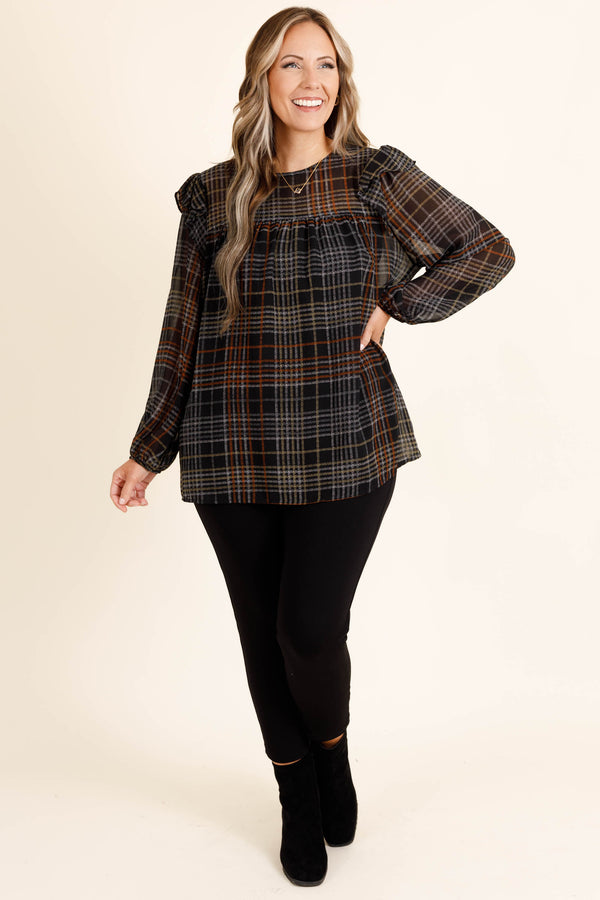 Chic Soul plus size clothing, black long sleeve top with fall colored pattern and ruffles at the shoulders