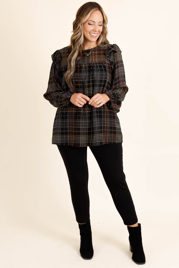 Chic Soul plus size clothing, black long sleeve top with fall colored pattern and ruffles at the shoulders
