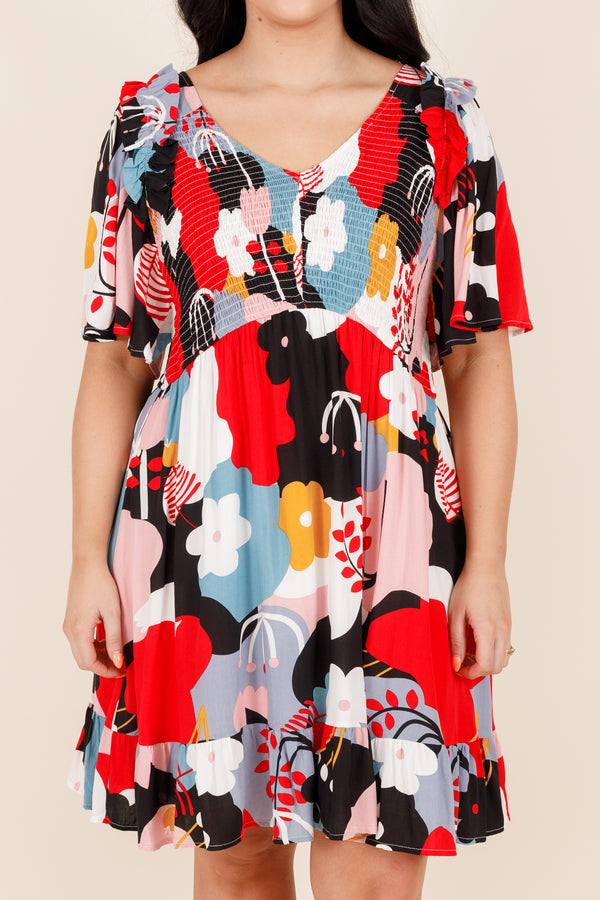Chic Soul plus size clothing, black and floral short sleeve dress with ruffle on the bottom