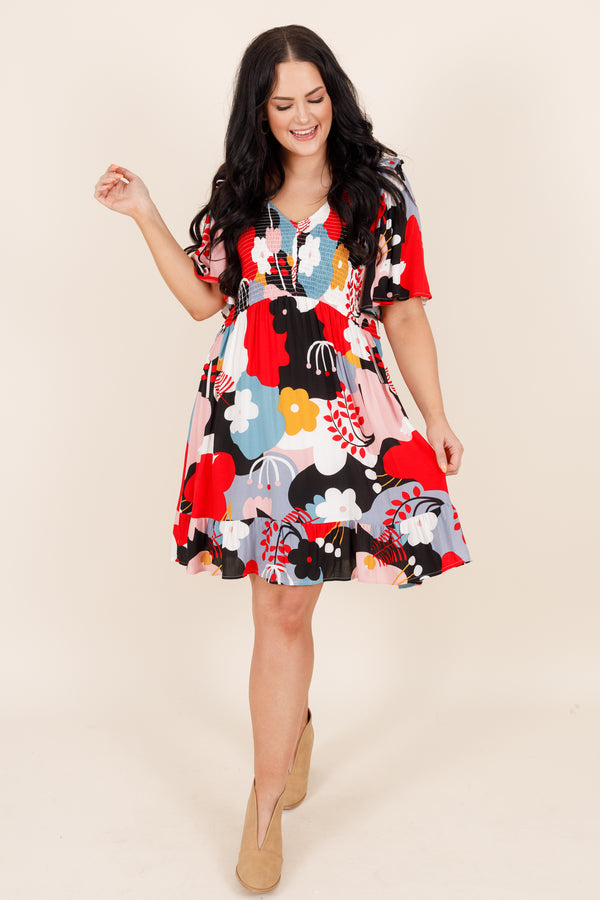 Chic Soul plus size clothing, black and floral short sleeve dress with ruffle on the bottom