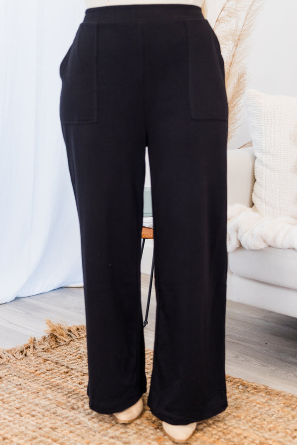 Chic Soul plus size clothing, black long straight leg pants with large pockets on the side with stretchy waistband
