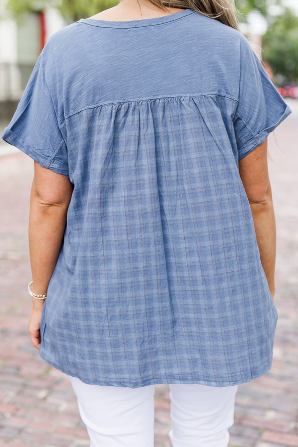 Chic Soul plus size clothing, solid denim colored short sleeve casual top with cuffs at the end of each sleeve 