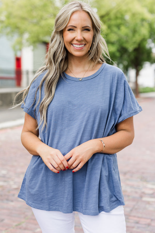 Chic Soul plus size clothing, solid denim colored short sleeve casual top with cuffs at the end of each sleeve 
