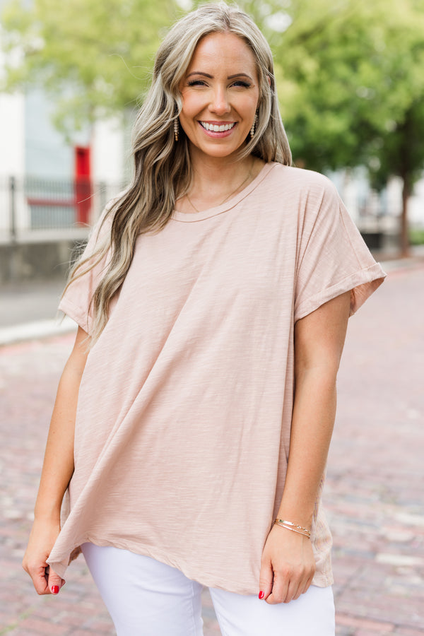 Chic Soul plus size clothing, mauve short sleeve casual top with small cuffs at the end of each sleeve 
