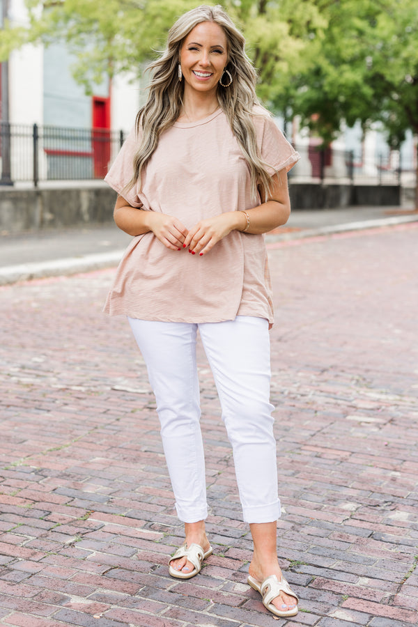 Chic Soul plus size clothing, mauve short sleeve casual top with small cuffs at the end of each sleeve 