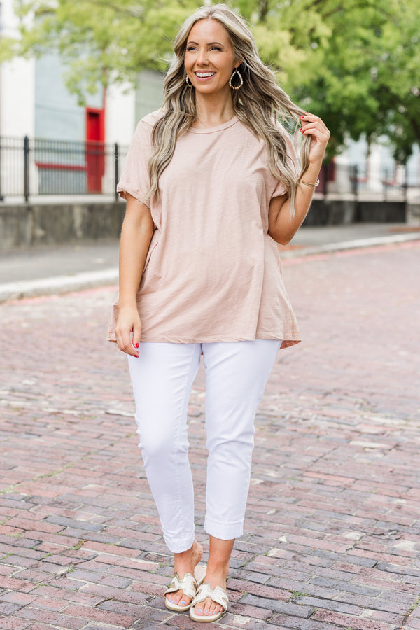 Chic Soul plus size clothing, mauve short sleeve casual top with small cuffs at the end of each sleeve 