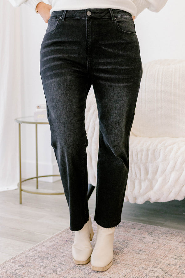 Chic Soul plus size clothing,  black straight leg distressed hem jeans