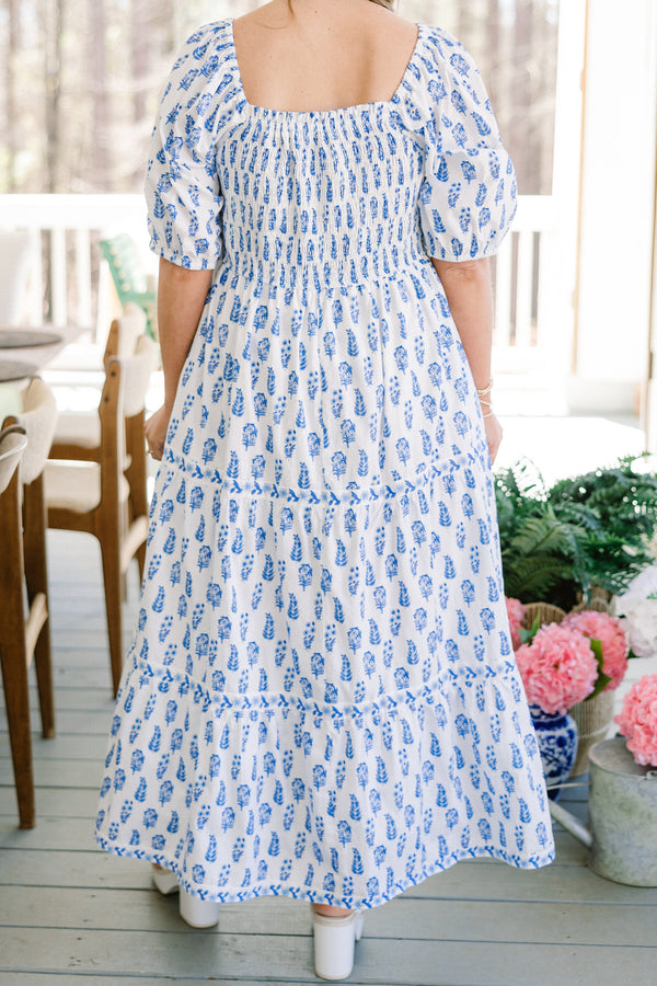 Chic Soul plus size clothing, White short puff sleeve long dress with blue paisley print 