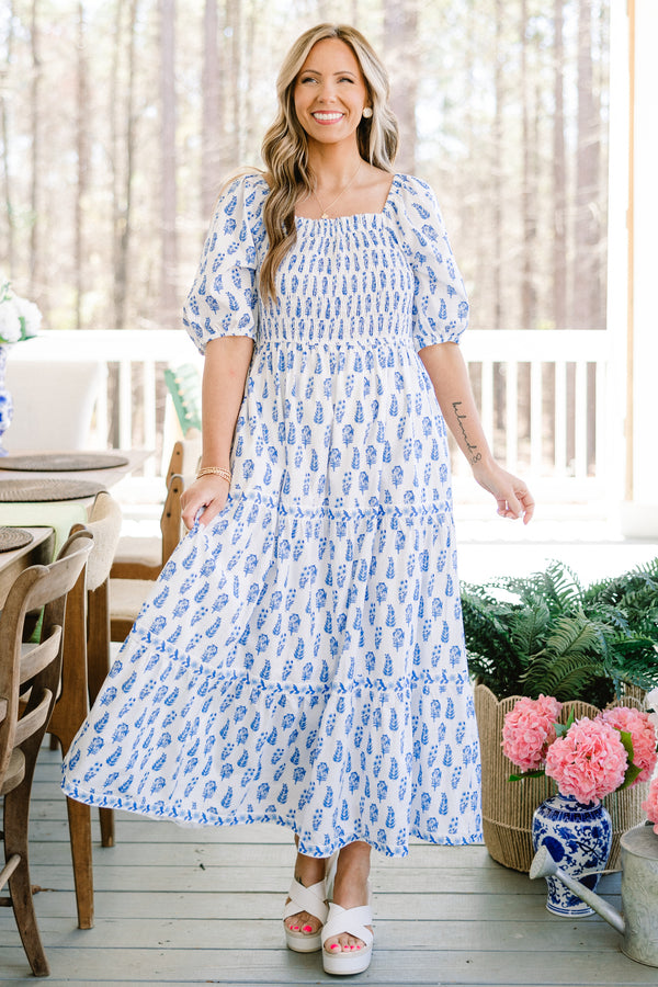 Chic Soul plus size clothing, White short puff sleeve long dress with blue paisley print 