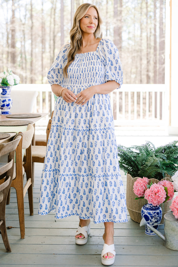 Chic Soul plus size clothing, White short puff sleeve long dress with blue paisley print 