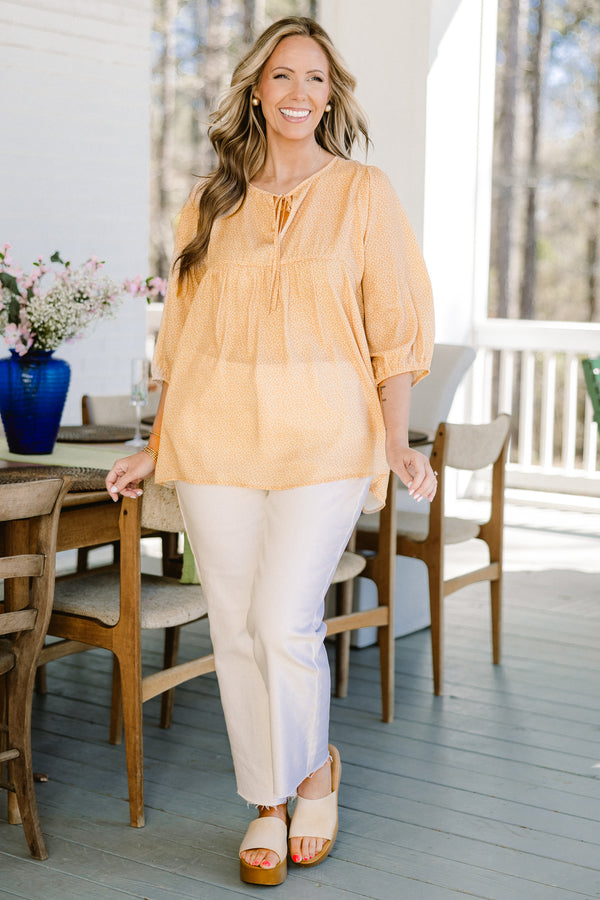 Chic Soul plus size clothing, orange and small white leopard print three-quarter puff sleeve top with string tie neckline
