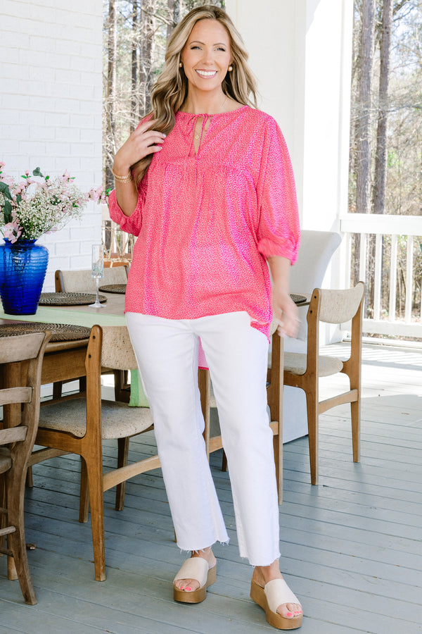 Chic Soul plus size clothing, pink three quarter sleeves top with small white dot print with tie neckline detail