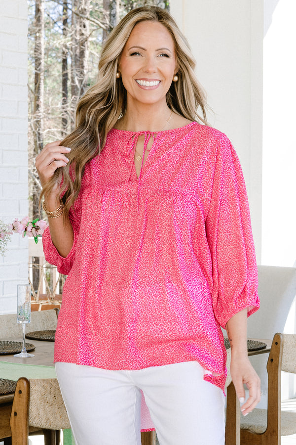 Chic Soul plus size clothing, pink three quarter sleeves top with small white dot print with tie neckline detail