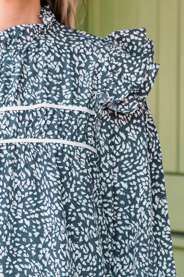Chic Soul plus size clothing, white and blue small dotted print long sleeve mini dress with long sleeves with ruffle on shoulders with round neckline and white stripe detailing across midsection and chest
