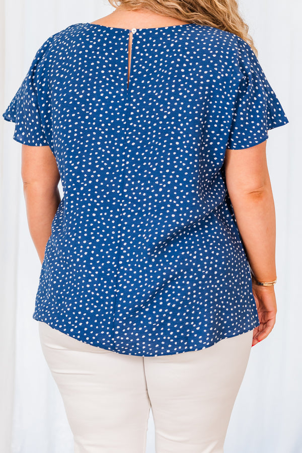 Chic Soul plus size clothing, navy blue short sleeve top with small white polka dots