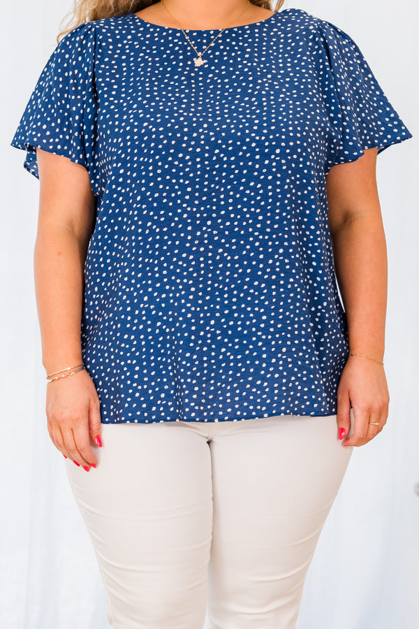 Chic Soul plus size clothing, navy blue short sleeve top with small white polka dots