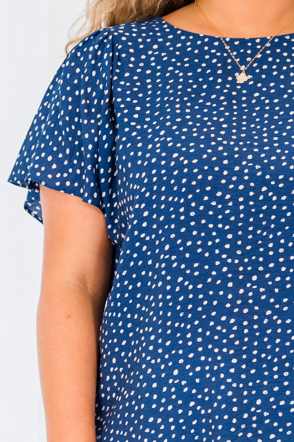 Chic Soul plus size clothing, navy blue short sleeve top with small white polka dots