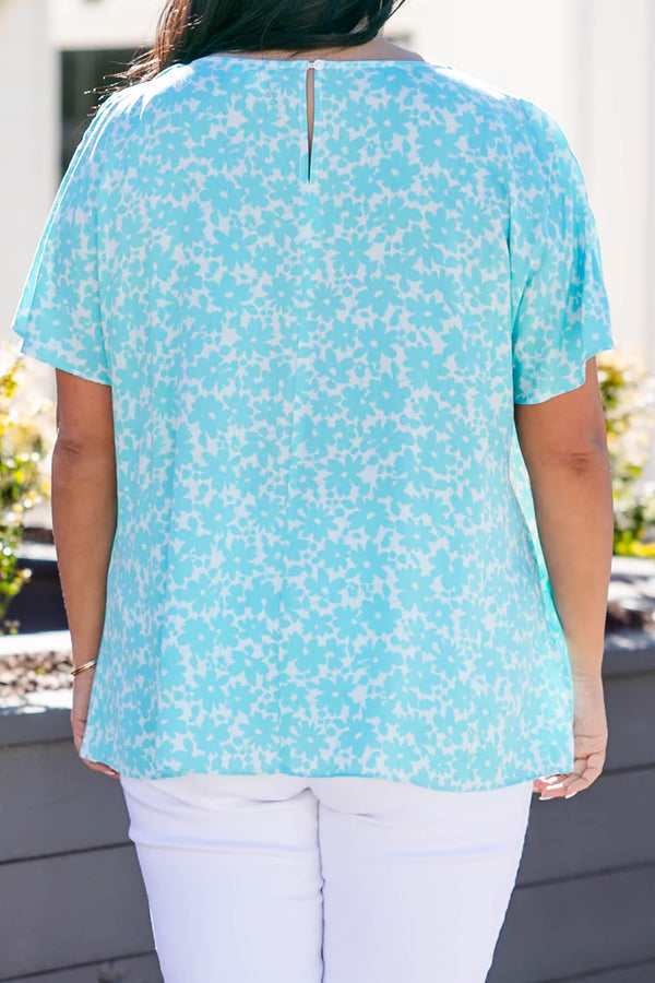 Chic Soul plus size clothing, teal short sleeve top with round neck and floral design
