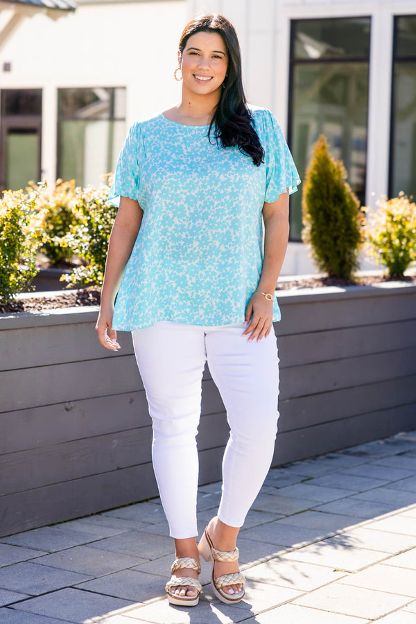 Chic Soul plus size clothing, teal short sleeve top with round neck and floral design