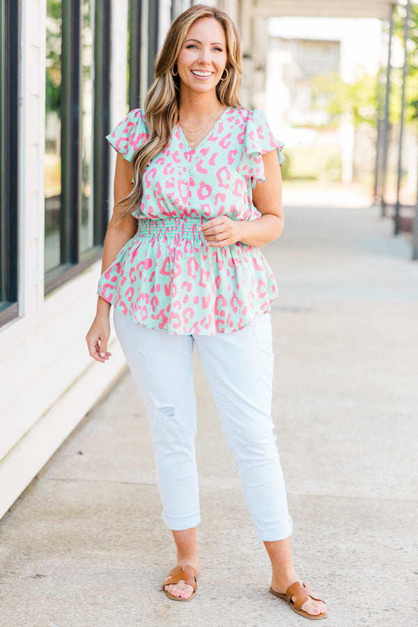 Chic Soul plus size clothing, short sleeve mint top with pink leopard print and cinched waistline with v-neckline