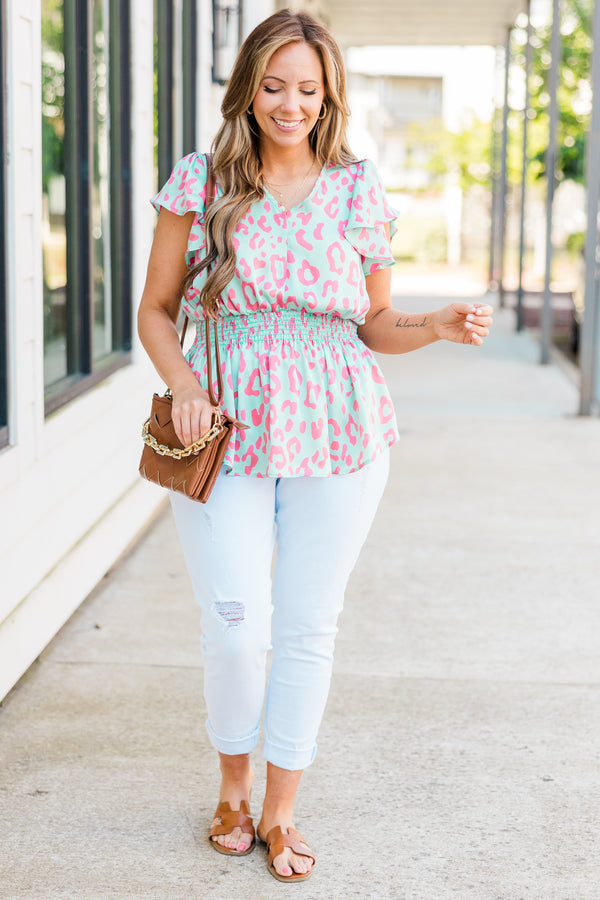 Chic Soul plus size clothing, short sleeve mint top with pink leopard print and cinched waistline with v-neckline