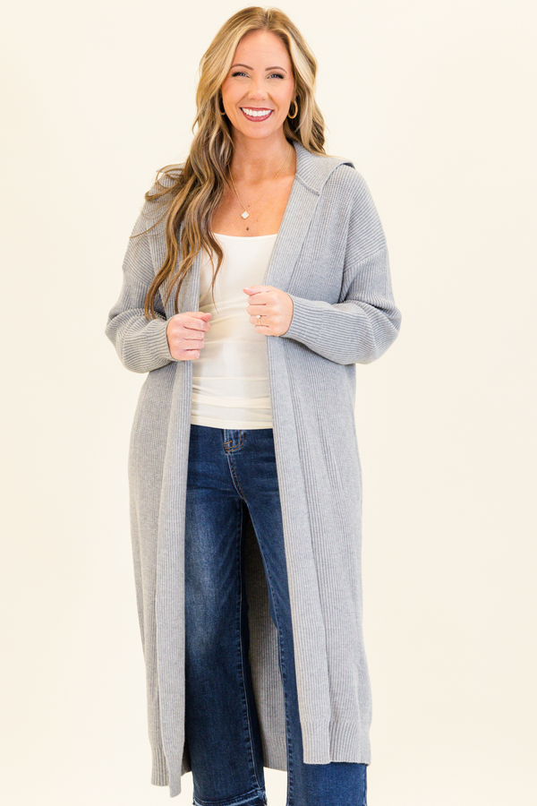 Chic Soul plus size clothing, gray long sleeve knit cardigan calf length with collar detail 