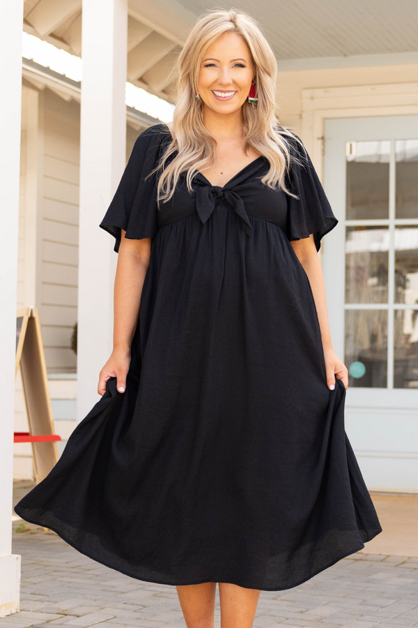 Chic Soul plus size clothing, black v neck bow short flutter sleeve casual maxi dress