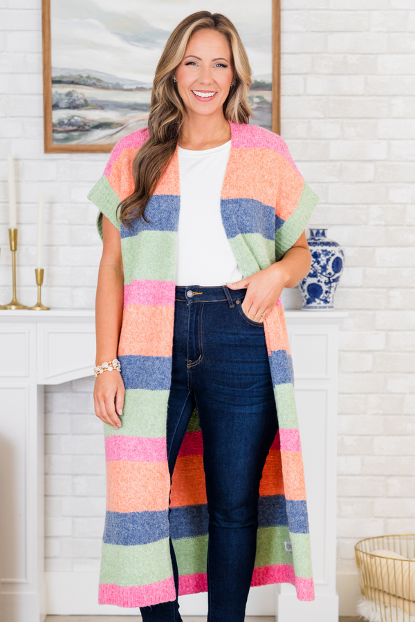 Chic Soul plus size clothing, short-sleeve multi-colored midi length cardigan with a striped pattern detail