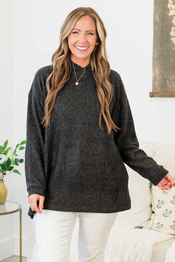 Plus Size black hooded brushed melange hacci sweater top with long sleeves and a relaxed fit.