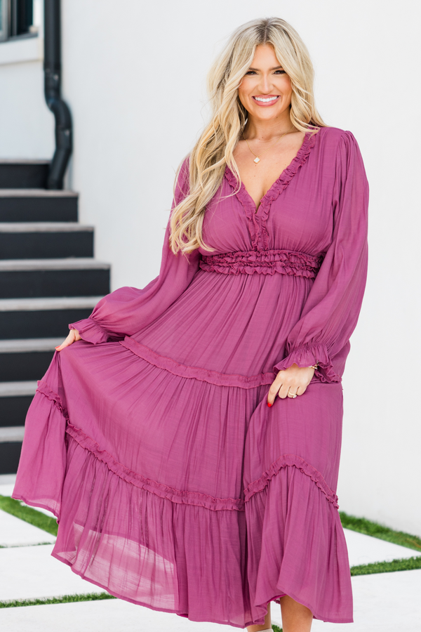 Chic Soul plus size clothing, long-sleeve flowy ruffled plum purple baby doll midi dress with a deep-v-neckline and a ruffled waistband