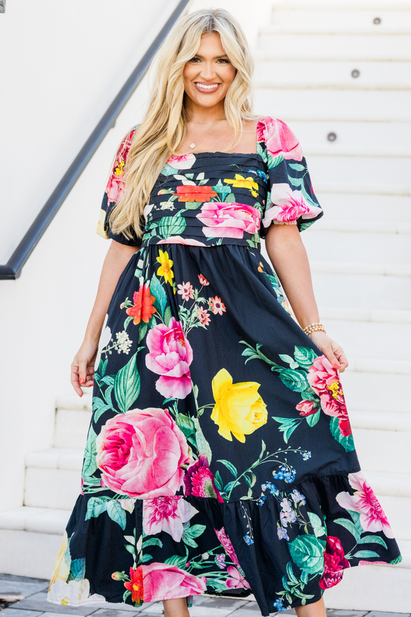 Chic Soul plus size clothing, black large multi floral print short sleeve maxi dress with pleated chest detail with square neckline and puff sleeves with flowy skirt with ruffle along the bottom