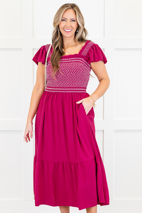 Chic Soul plus size clothing, wild berry short sleeve midi dress with smocked white stitching top with square neckline and ruffle sleeves with pockets