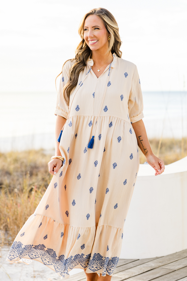 Chic Soul plus size clothing, puffed-short-sleeve ivory baby doll ruffled midi dress with a split-v-neckline with tassels and subtle navy blue paisley pattern 