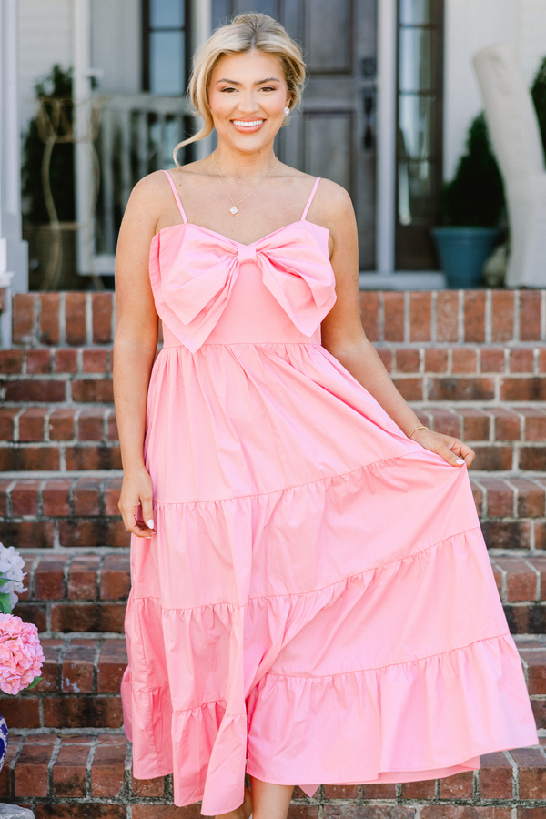 Chic Soul plus size clothing, spaghetti strap maxi dress with scoop neckline with bow along chest with tiered detail